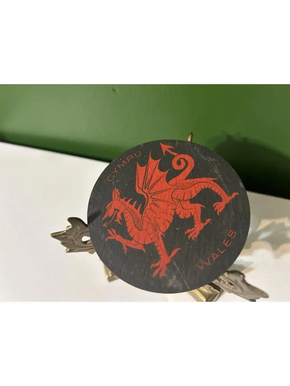 Vintage Wales Cymru Red Dragon Slate Coasters + Brass Acanthus Leaf Holder Set